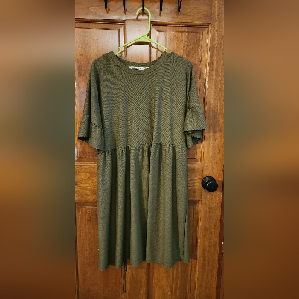 Liberty Love Olive Green Midi Dress with Ruffled Short Sleeves